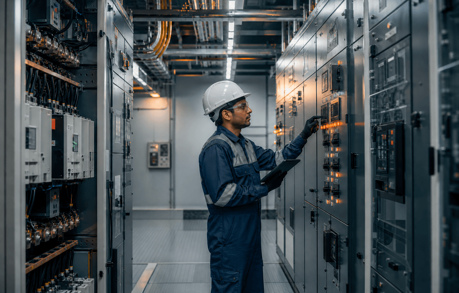 Engineer inspecting an industrial electrical system