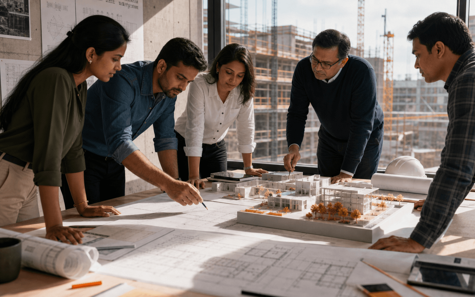 Engineering team reviewing plans and a project model